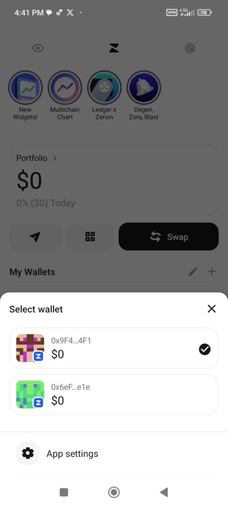 دسترسی به تنظیمات کیف پول Zerion